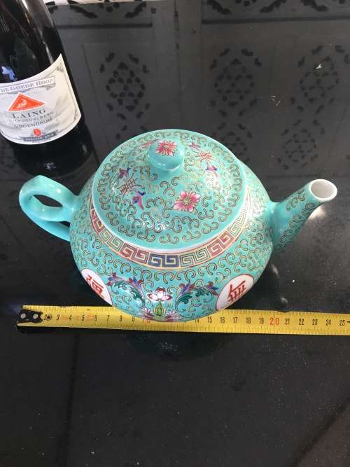 Stunning Vintage c1970s Zhongguo Zhi Zao Green Enamel Hand Painted Large Tea Pot. Lt