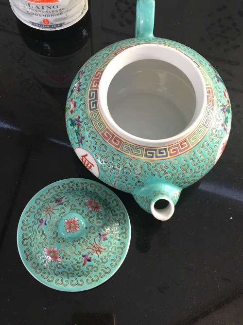 Stunning Vintage c1970s Zhongguo Zhi Zao Green Enamel Hand Painted Large Tea Pot. Lt