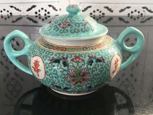 Stunning Vintage c1970s Zhongguo Zhi Zao Green Enamel Hand Painted Large Sugar Pot & Lid  500ml