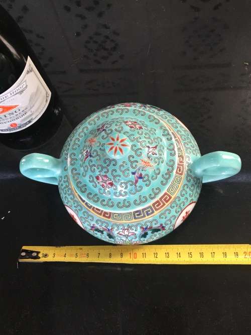 Stunning Vintage c1970s Zhongguo Zhi Zao Green Enamel Hand Painted Large Sugar Pot & Lid  500ml