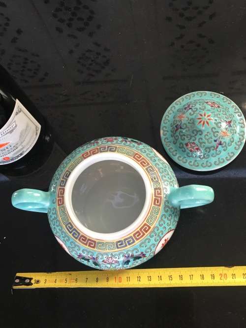 Stunning Vintage c1970s Zhongguo Zhi Zao Green Enamel Hand Painted Large Sugar Pot & Lid  500ml