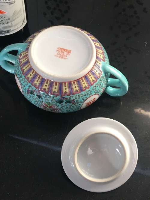 Stunning Vintage c1970s Zhongguo Zhi Zao Green Enamel Hand Painted Large Sugar Pot & Lid  500ml