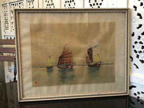 WOW !!! CHINESE SILK PAINTING OF JUNK SHIPS - SIGNED AND FRAMED - A TRUE CLASSIC