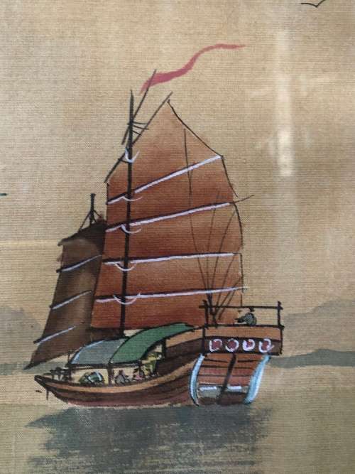 WOW !!! CHINESE SILK PAINTING OF JUNK SHIPS - SIGNED AND FRAMED - A TRUE CLASSIC