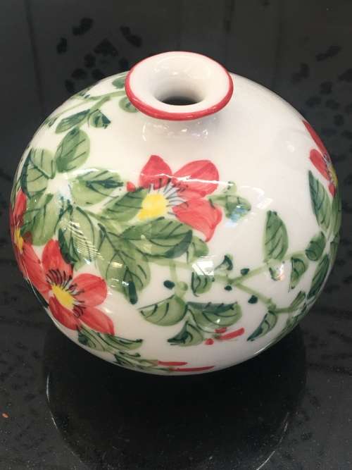 A Beautiful Vintage Japanese Round Bud Vase With Stunning Floral and Calligraphy. Makers mark Base