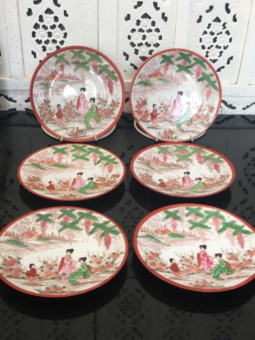 Lot Beautiful c1930's  Japanese Nippon Tokusei Marked Translucent Hand Painted 18.5cm Plates x 6