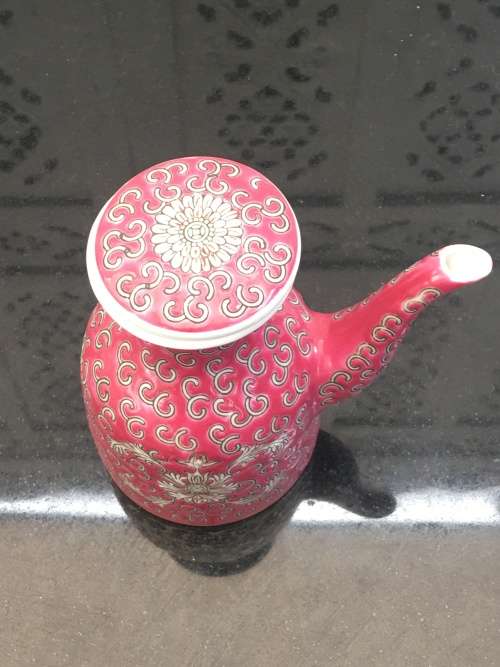 c1970s Jingdezhen Chinese Red & Floral Enamel Painted  Sauce Dispenser.