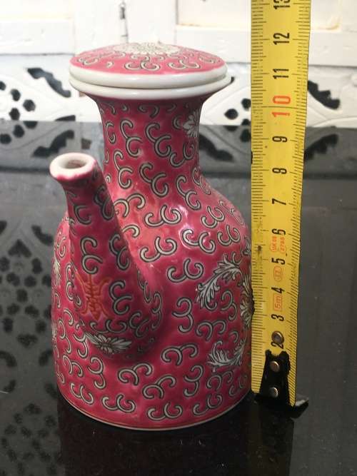 c1970s Jingdezhen Chinese Red & Floral Enamel Painted  Sauce Dispenser.