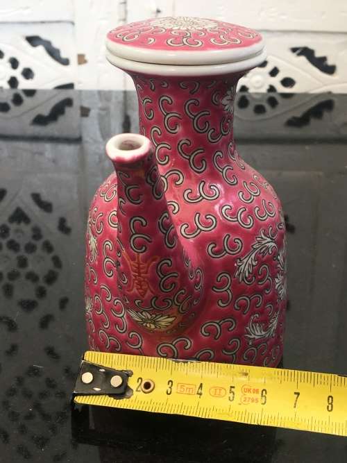 c1970s Jingdezhen Chinese Red & Floral Enamel Painted  Sauce Dispenser.