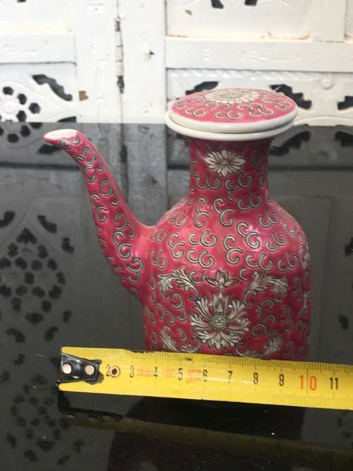 c1970s Jingdezhen Chinese Red & Floral Enamel Painted  Sauce Dispenser.