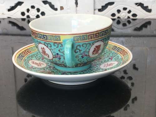 Stunning Vintage c1970s Zhongguo Zhi Zao Green Enamel Hand Painted Large Sugar Pot & Lid  500ml