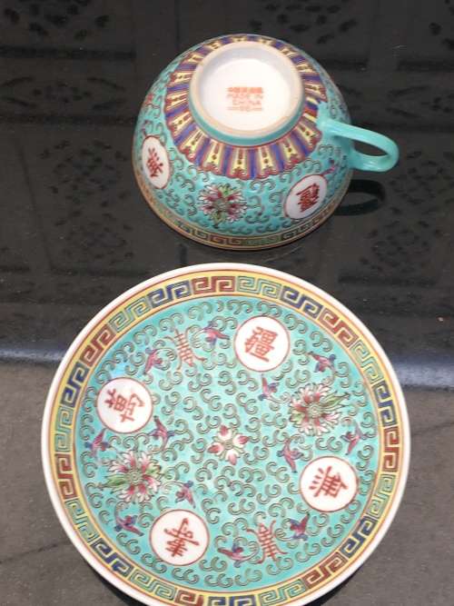 Stunning Vintage c1970s Zhongguo Zhi Zao Green Enamel Hand Painted Large Sugar Pot & Lid  500ml