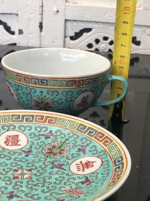 Stunning Vintage c1970s Zhongguo Zhi Zao Green Enamel Hand Painted Large Sugar Pot & Lid  500ml