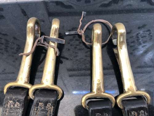 WOW !!! STUNNING PAIR OF ANTIQUE HORSE BRASSES , LEATHER WITH BRASS CLIPS