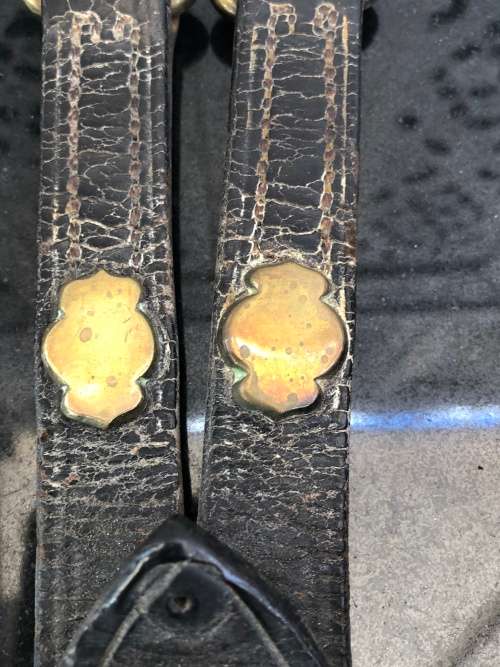 WOW !!! STUNNING PAIR OF ANTIQUE HORSE BRASSES , LEATHER WITH BRASS CLIPS