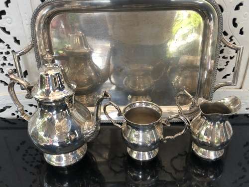 WOW !!! GORGEOUS VINTAGE SILVER PLATED TEA SET ON A SILVER PLATED TWIN HANDLED TRAY