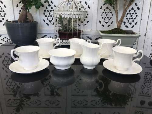 Discontinued. c1987 Reverie by Royal Albert Scalloped All White, Montrose Shape,Part Coffee Set