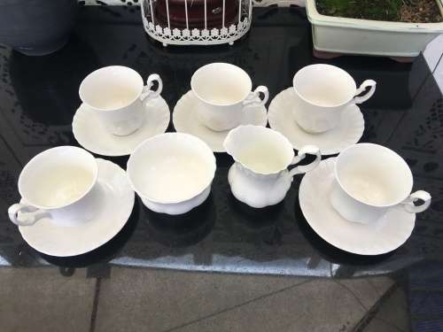 Discontinued. c1987 Reverie by Royal Albert Scalloped All White, Montrose Shape,Part Coffee Set