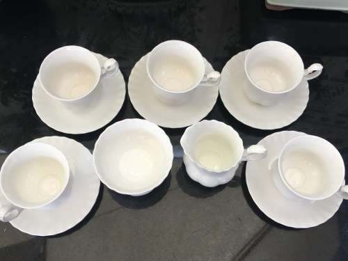 Discontinued. c1987 Reverie by Royal Albert Scalloped All White, Montrose Shape,Part Coffee Set