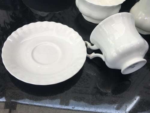 Discontinued. c1987 Reverie by Royal Albert Scalloped All White, Montrose Shape,Part Coffee Set