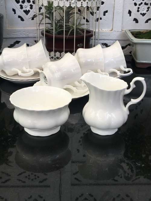 Discontinued. c1987 Reverie by Royal Albert Scalloped All White, Montrose Shape,Part Coffee Set