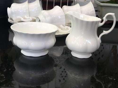 Discontinued. c1987 Reverie by Royal Albert Scalloped All White, Montrose Shape,Part Coffee Set
