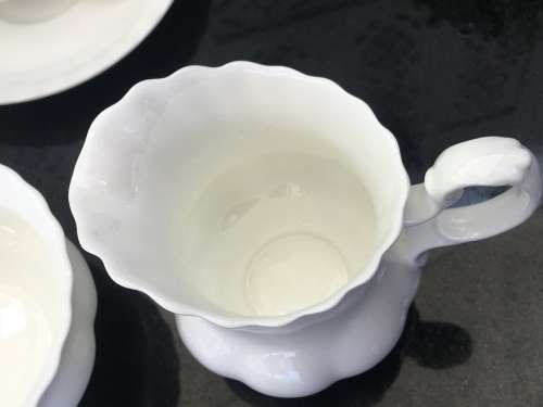 Discontinued. c1987 Reverie by Royal Albert Scalloped All White, Montrose Shape,Part Coffee Set