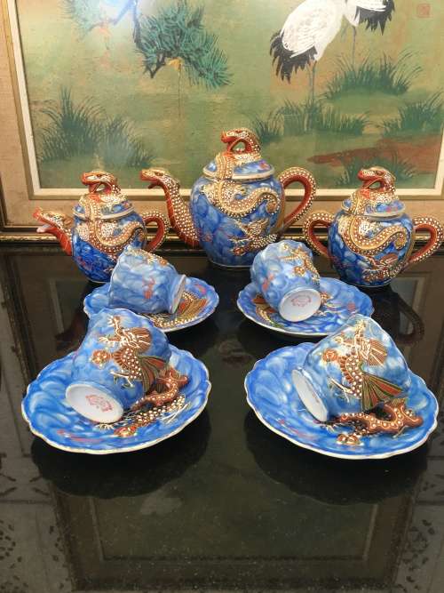 Stunning Collectible Antique Japanese Blue Moriage Dragonware Part Demitasse Set. Marked Lilac Japan