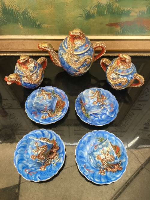 Stunning Collectible Antique Japanese Blue Moriage Dragonware Part Demitasse Set. Marked Lilac Japan