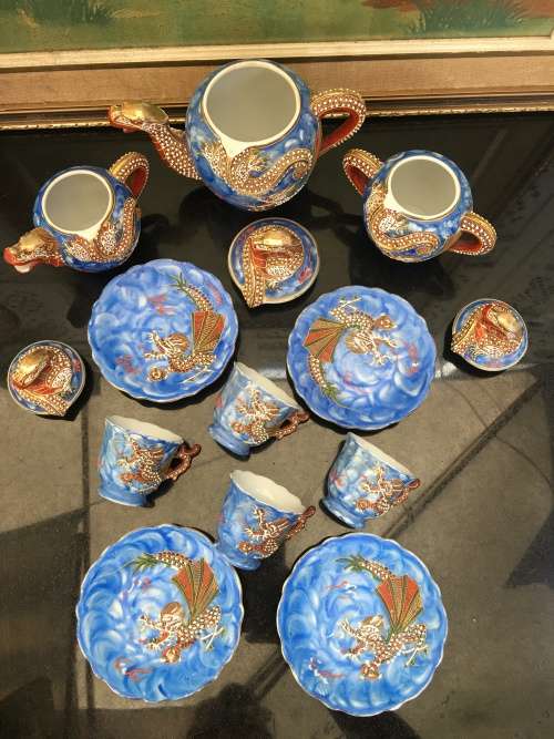 Stunning Collectible Antique Japanese Blue Moriage Dragonware Part Demitasse Set. Marked Lilac Japan