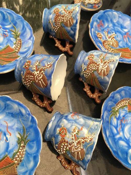 Stunning Collectible Antique Japanese Blue Moriage Dragonware Part Demitasse Set. Marked Lilac Japan