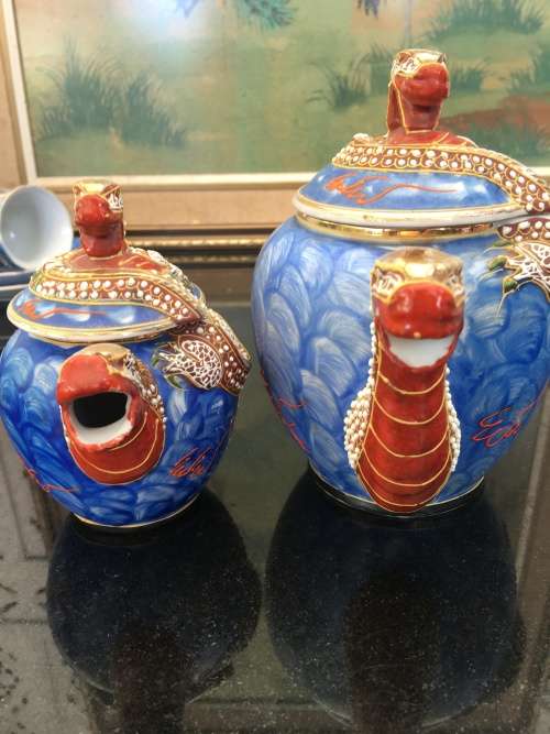 Stunning Collectible Antique Japanese Blue Moriage Dragonware Part Demitasse Set. Marked Lilac Japan