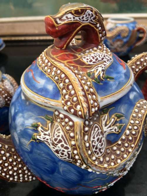 Stunning Collectible Antique Japanese Blue Moriage Dragonware Part Demitasse Set. Marked Lilac Japan