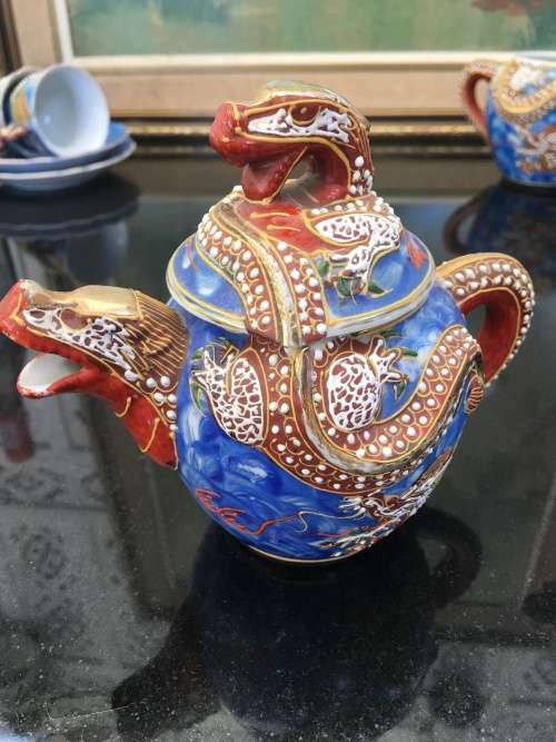 Stunning Collectible Antique Japanese Blue Moriage Dragonware Part Demitasse Set. Marked Lilac Japan