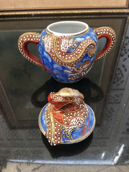 Stunning Collectible Antique Japanese Blue Moriage Dragonware Part Demitasse Set. Marked Lilac Japan