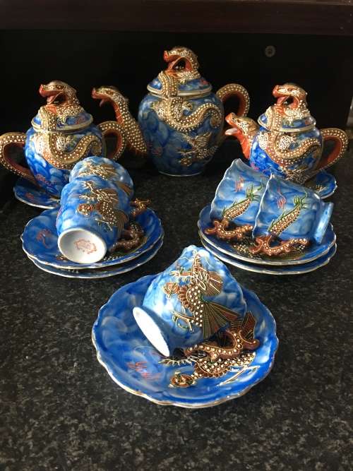 Stunning Collectible Antique Japanese Blue Moriage Dragonware Part Demitasse Set. Marked Lilac Japan