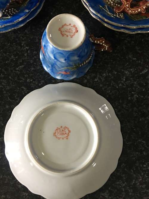 Stunning Collectible Antique Japanese Blue Moriage Dragonware Part Demitasse Set. Marked Lilac Japan
