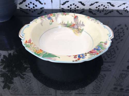 Discontinuid Art Deco Landscape & Flowers Salad Bowl "The Old Mill" By Grindley Tunstall England