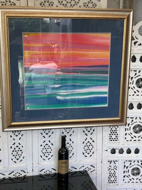 WOW !!! SA ARTIST - JOHANNES J BLOM ORIGINAL WATERCOLOR TITLED "BACKWASH" - FRAMED AND READY TO HANG