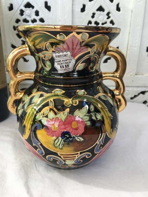 Vintage Mid 1900s Henri Bequet Pottery Quaregnon, Belgium, Majolica Hand Painted & Gold Gilt Vase