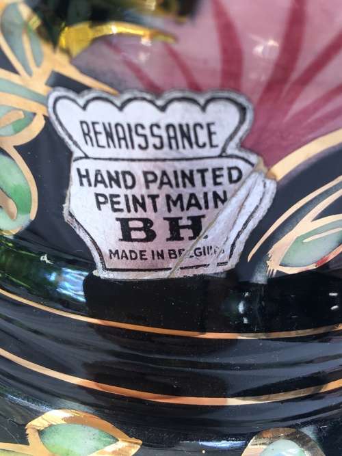 Vintage Mid 1900s Henri Bequet Pottery Quaregnon, Belgium, Majolica Hand Painted & Gold Gilt Vase