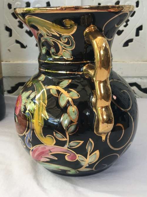 Vintage Mid 1900s Henri Bequet Pottery Quaregnon, Belgium, Majolica Hand Painted & Gold Gilt Vase