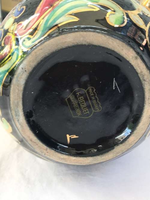 Vintage Mid 1900s Henri Bequet Pottery Quaregnon, Belgium, Majolica Hand Painted & Gold Gilt Vase