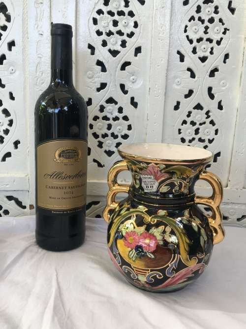 Vintage Mid 1900s Henri Bequet Pottery Quaregnon, Belgium, Majolica Hand Painted & Gold Gilt Vase