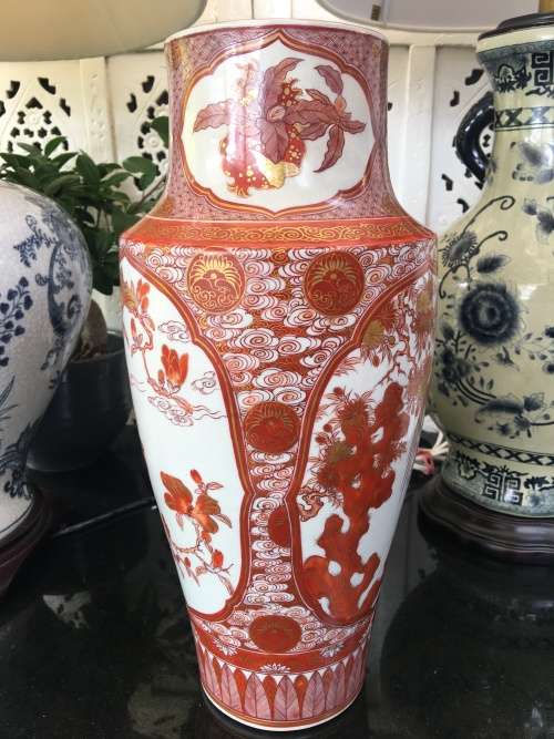 Antique Meiji Ko-Kutani c1868-1912, Fuku Mark, Lidaya Style Red & Gold Hand Painted 35.5 cm H Vase.