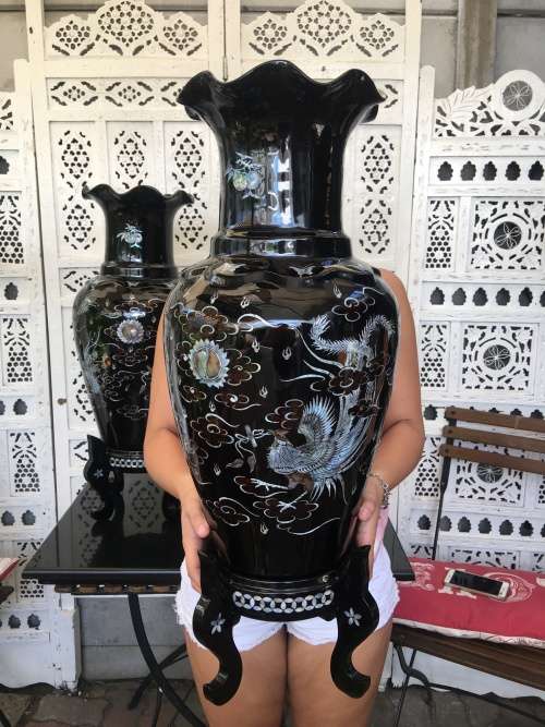 Rare Large Pair Vintage Korean Black Lacquer Enamel Mother of Pearl Inlay Peacock Deco Vases & Stand