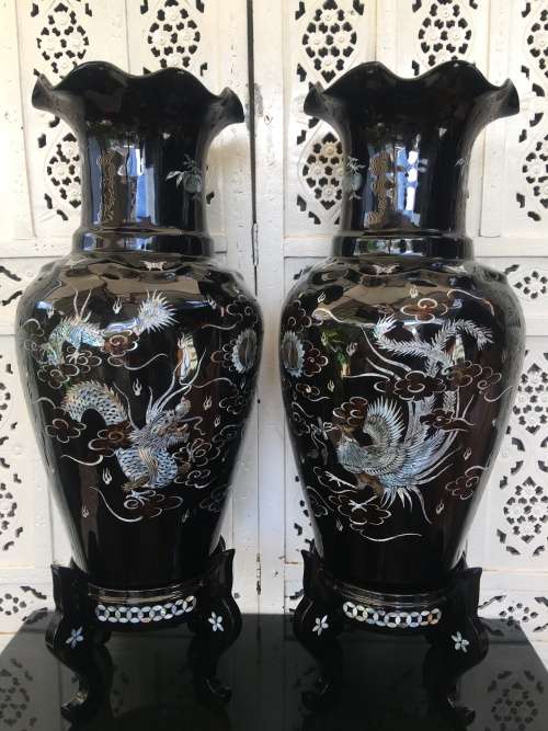 Rare Large Pair Vintage Korean Black Lacquer Enamel Mother of Pearl Inlay Peacock Deco Vases & Stand