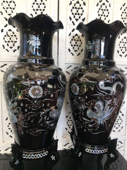 Rare Large Pair Vintage Korean Black Lacquer Enamel Mother of Pearl Inlay Peacock Deco Vases & Stand