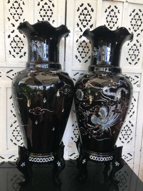 Rare Large Pair Vintage Korean Black Lacquer Enamel Mother of Pearl Inlay Peacock Deco Vases & Stand
