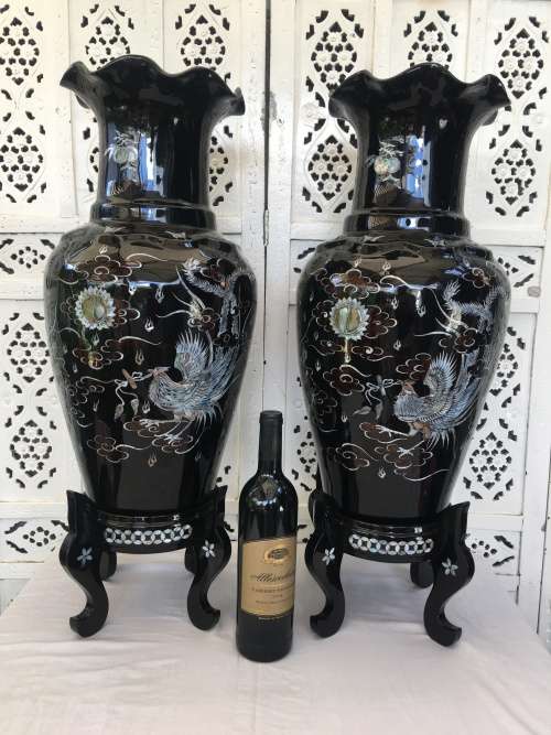 Rare Large Pair Vintage Korean Black Lacquer Enamel Mother of Pearl Inlay Peacock Deco Vases & Stand
